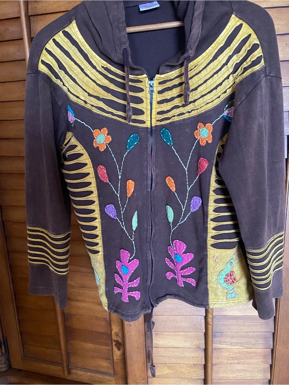 Bohemian Embroidered Hooded Jacket - Brown with Multicolor Floral Accents